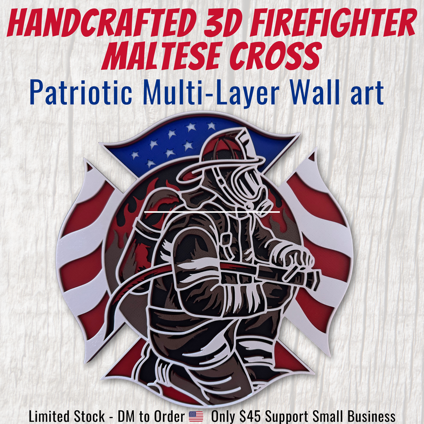 Firefighter Maltese Cross 3D printed American flag wall art