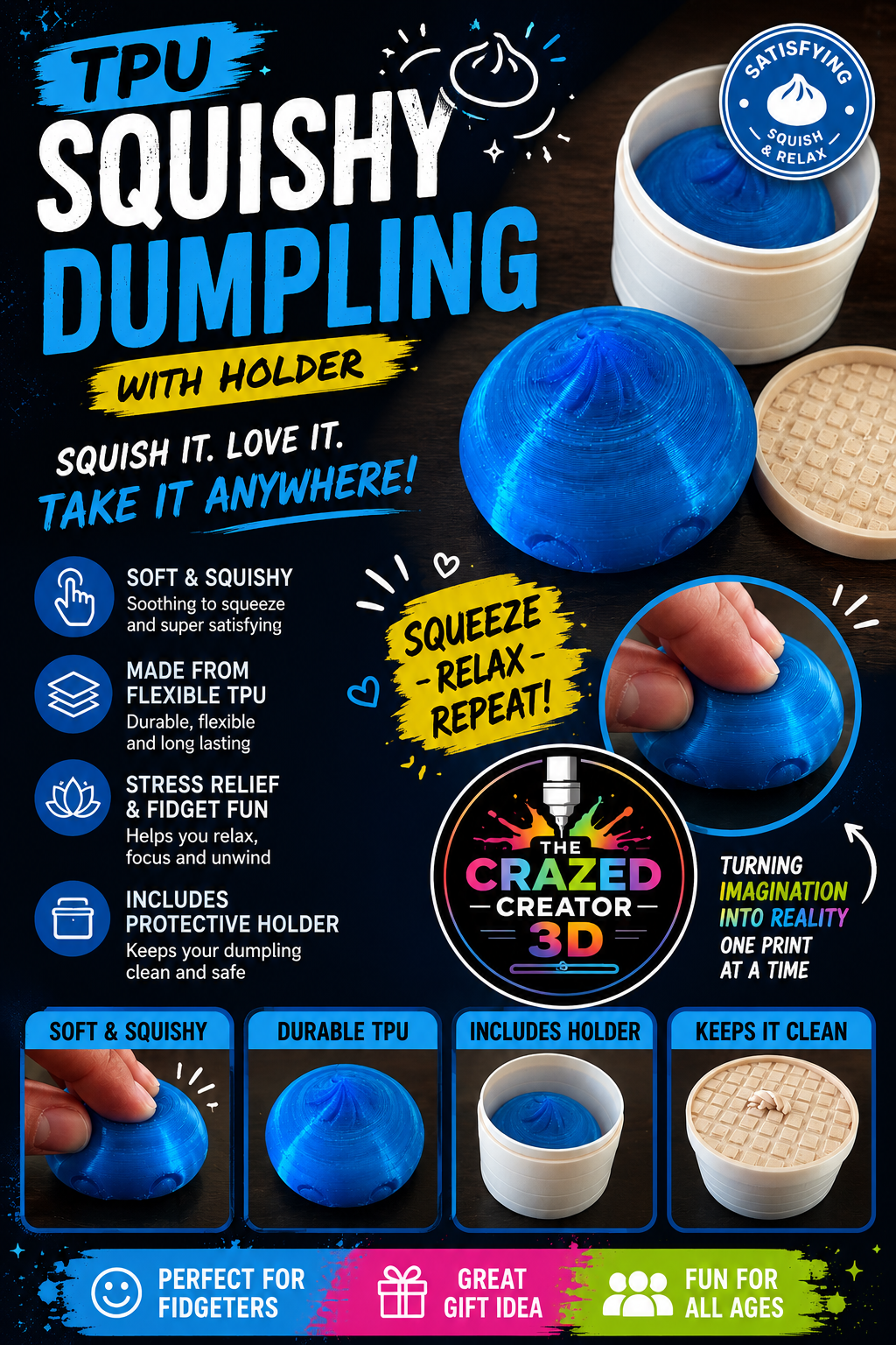Squishy dumpling and steamer basket 3D printed TPU fidget toy