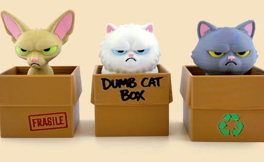 Three Cat Box head choices: tan Siamese, white Persian, and gray British Shorthair, shown with example box designs. Choose the head and box for each cat in your selected pack.