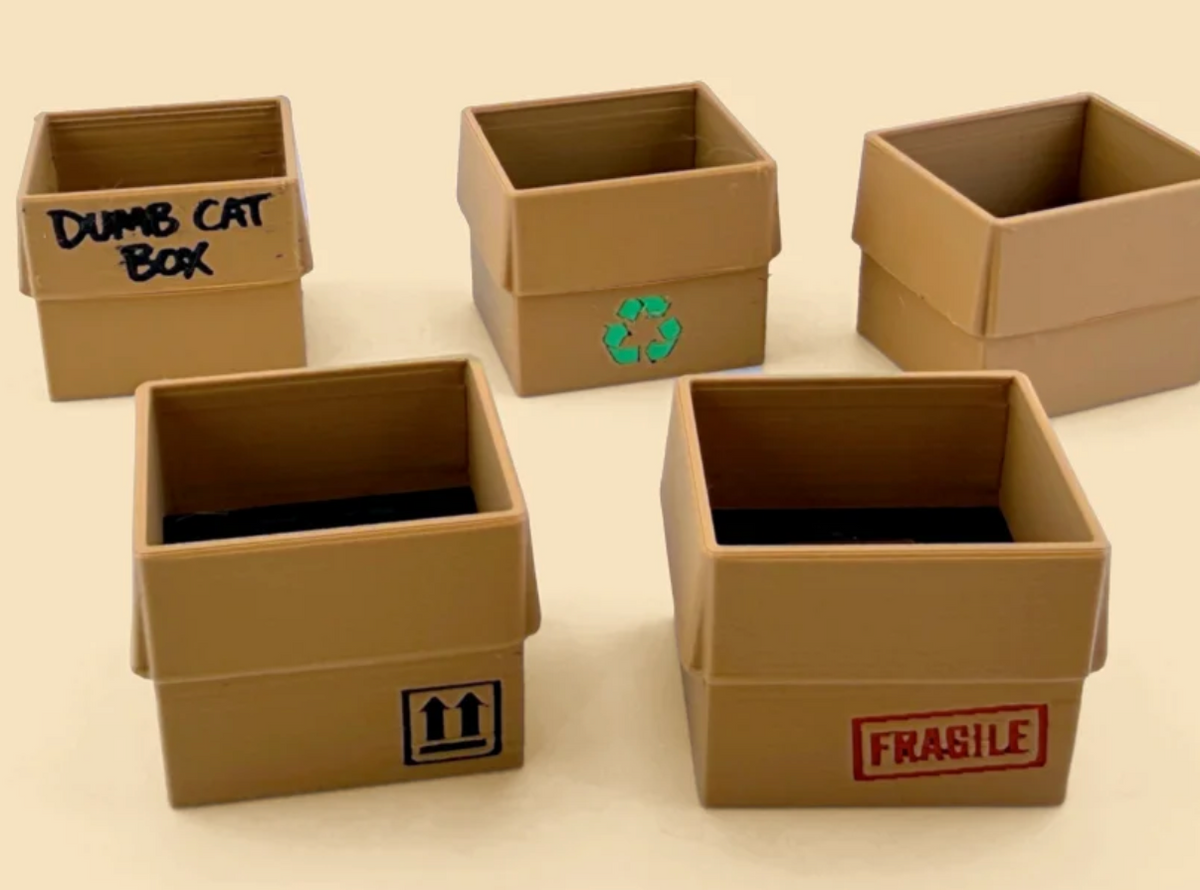 Five box choices: Dumb Cat Box, Recycling, Plain, This Way Up, and Fragile. Choose one box style for each cat in your pack.