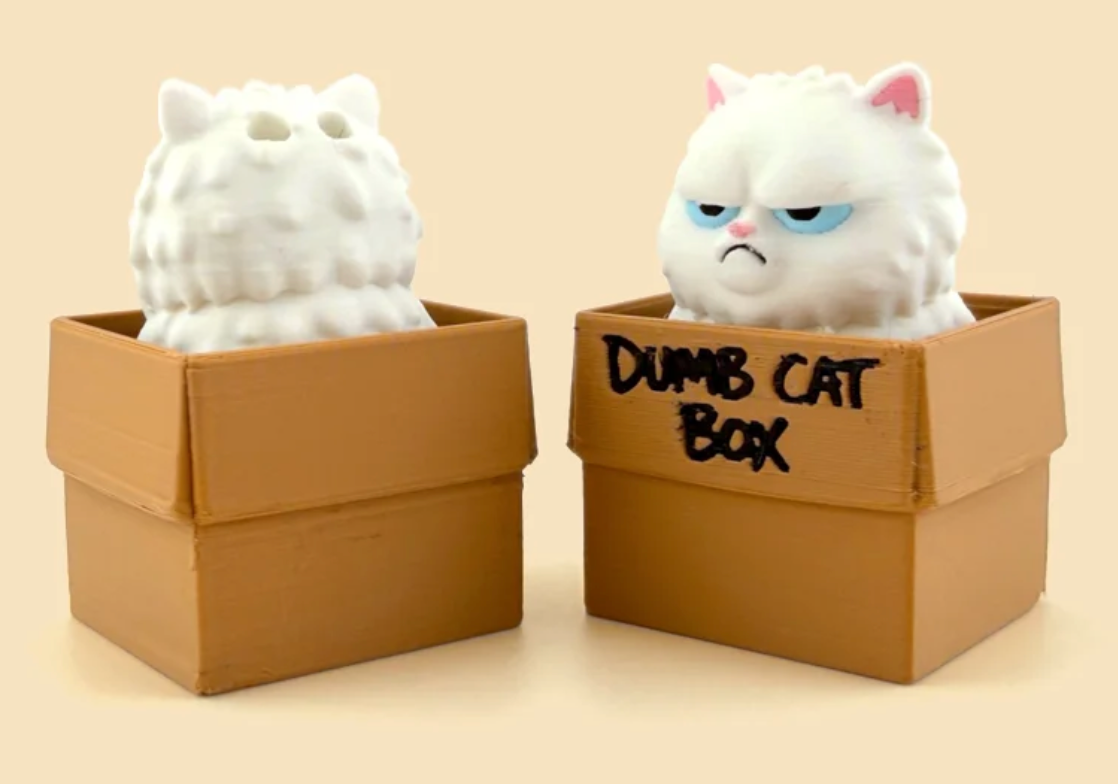 Front and back views of the same white Persian Cat Box, with a Dumb Cat Box lettering example. Any box style can be selected.