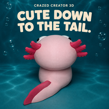 Goofy Axolotl back view on teal aquatic background with Crazed Creator 3D branding