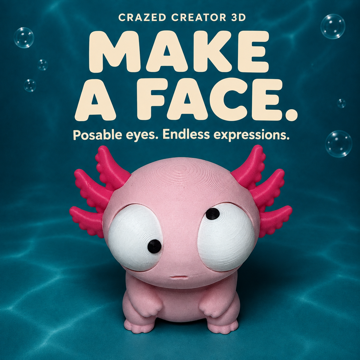 Goofy Axolotl expression view on teal aquatic background with Crazed Creator 3D branding