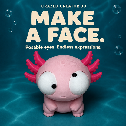 Goofy Axolotl expression view on teal aquatic background with Crazed Creator 3D branding