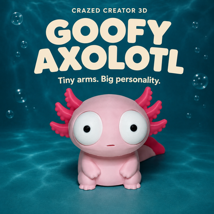 Goofy Axolotl hero view on teal aquatic background with Crazed Creator 3D branding