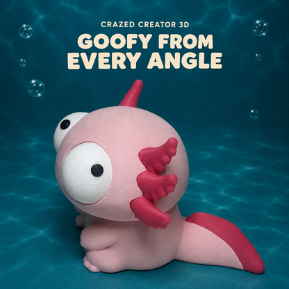 Goofy Axolotl side view on teal aquatic background with Crazed Creator 3D branding
