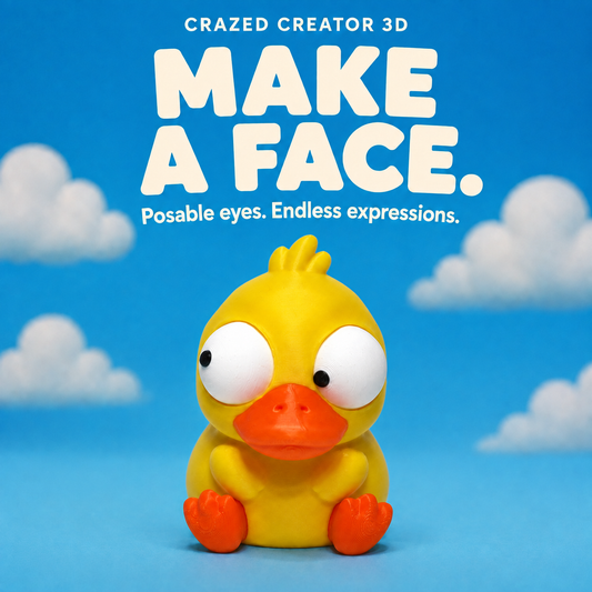 Goofy duck expression solo product photo with Crazed Creator 3D branding and blue sky background