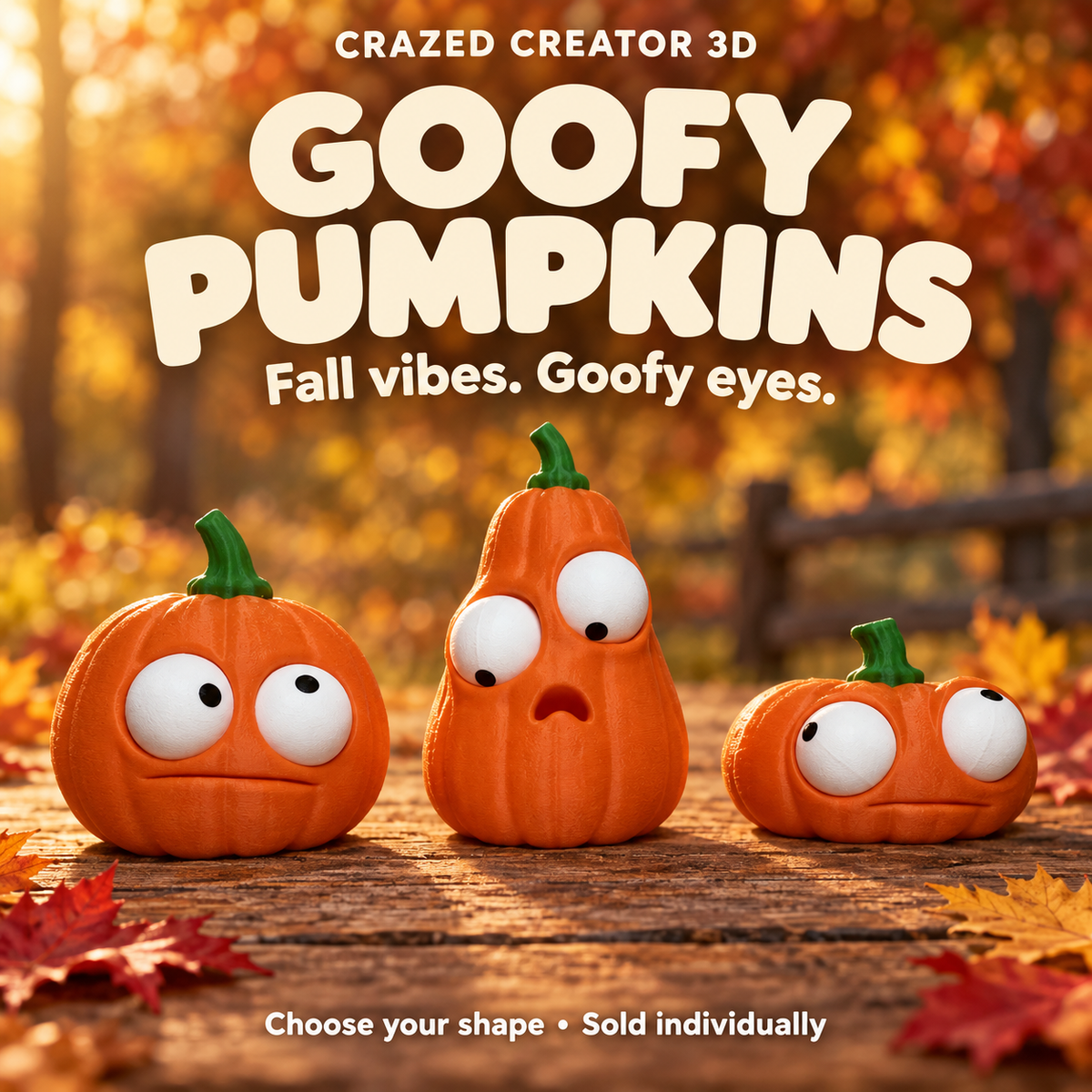 Round, Tall and Wide Goofy Pumpkins with golden autumn leaves background; sold individually