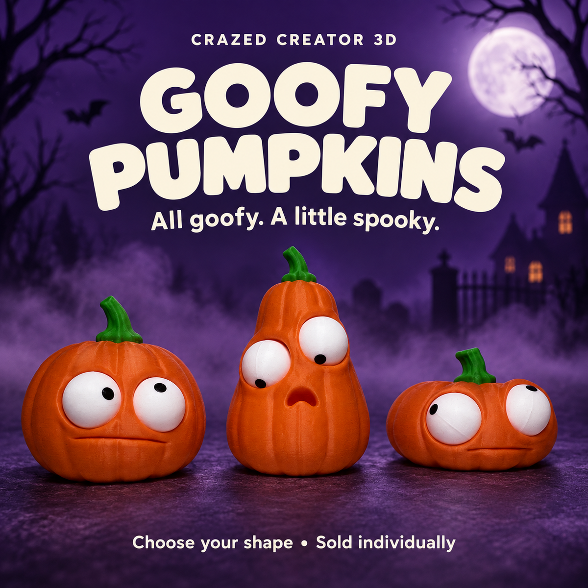 Round, Tall and Wide Goofy Pumpkins with purple moonlit Halloween background; sold individually