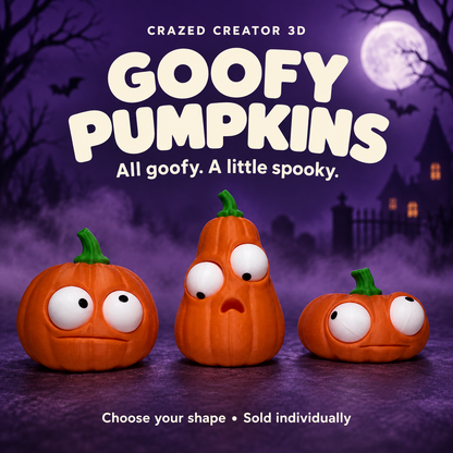 Round, Tall and Wide Goofy Pumpkins with purple moonlit Halloween background; sold individually