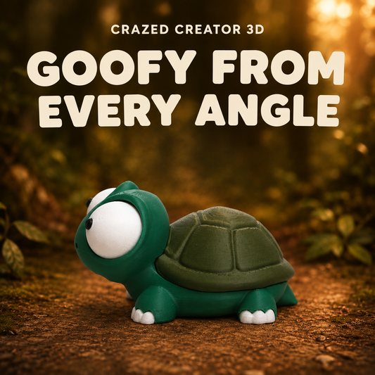 Goofy turtle angle solo product photo with Crazed Creator 3D branding and warm woodland background