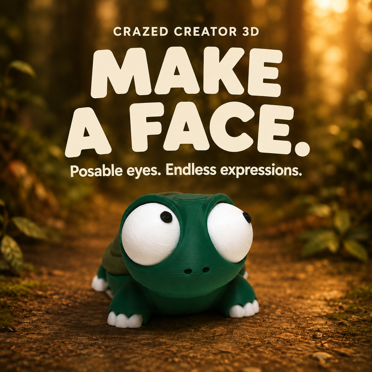 Goofy turtle expression solo product photo with Crazed Creator 3D branding and warm woodland background